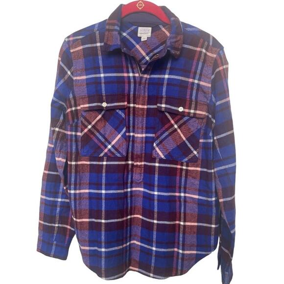 J. Crew Plaid Flannel Shirt Jacket Shacket Zip Cozy Fall Blue Red Women Sz XS - Picture 2 of 6